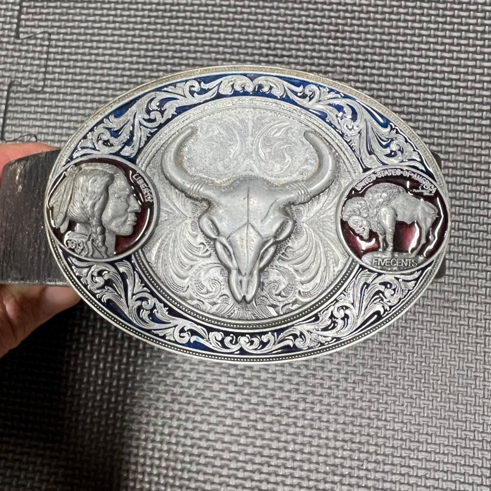 Buffalo Nickel Belt Buckle With Bull Skull Design & Western Motif